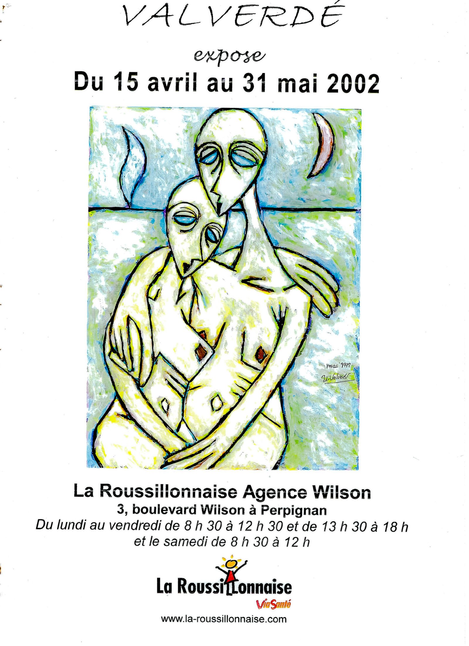 alt="un couple nu au bord de l'eau en fond une lune et la voile d'un bateau  affiche exposition Perpignan 2002 de bruno VALVERDE artiste peintre"