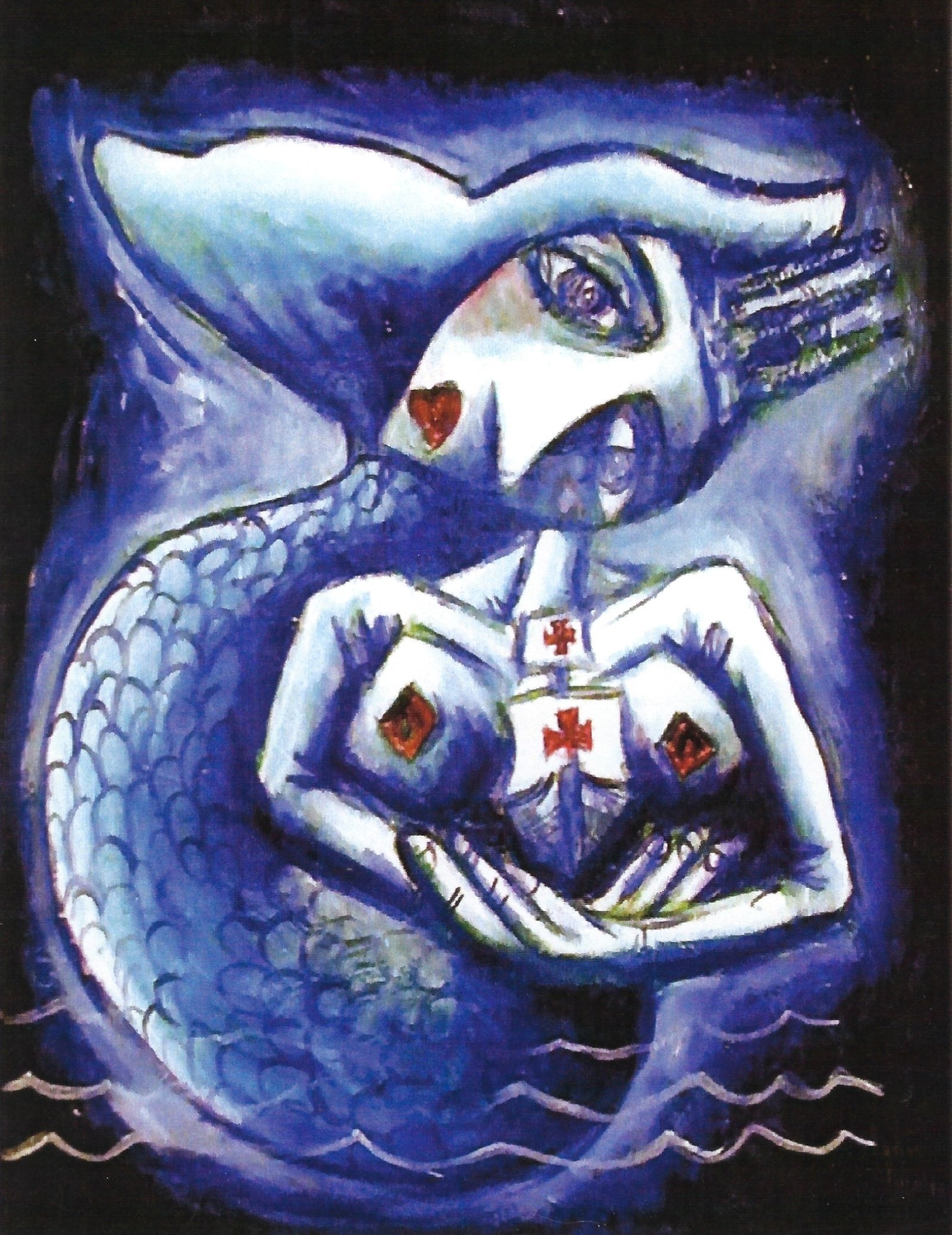 alt="une sirène avec une couronne sur sa tête qui symbolise la Sagrada Familia de bruno VALVERDE artiste peintre"