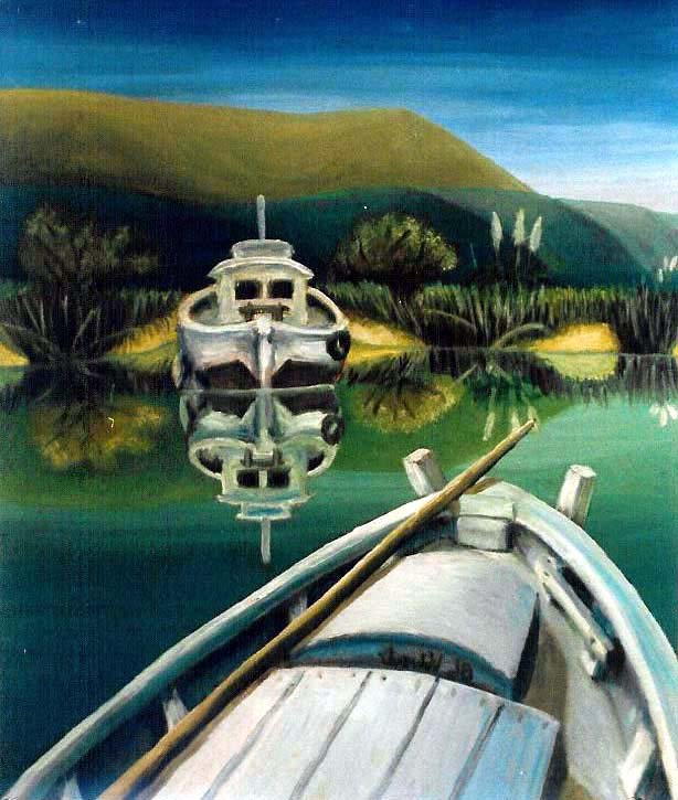 alt="un petit étang avec des bateaux amarrés de bruno VALVERDE artiste peintre"