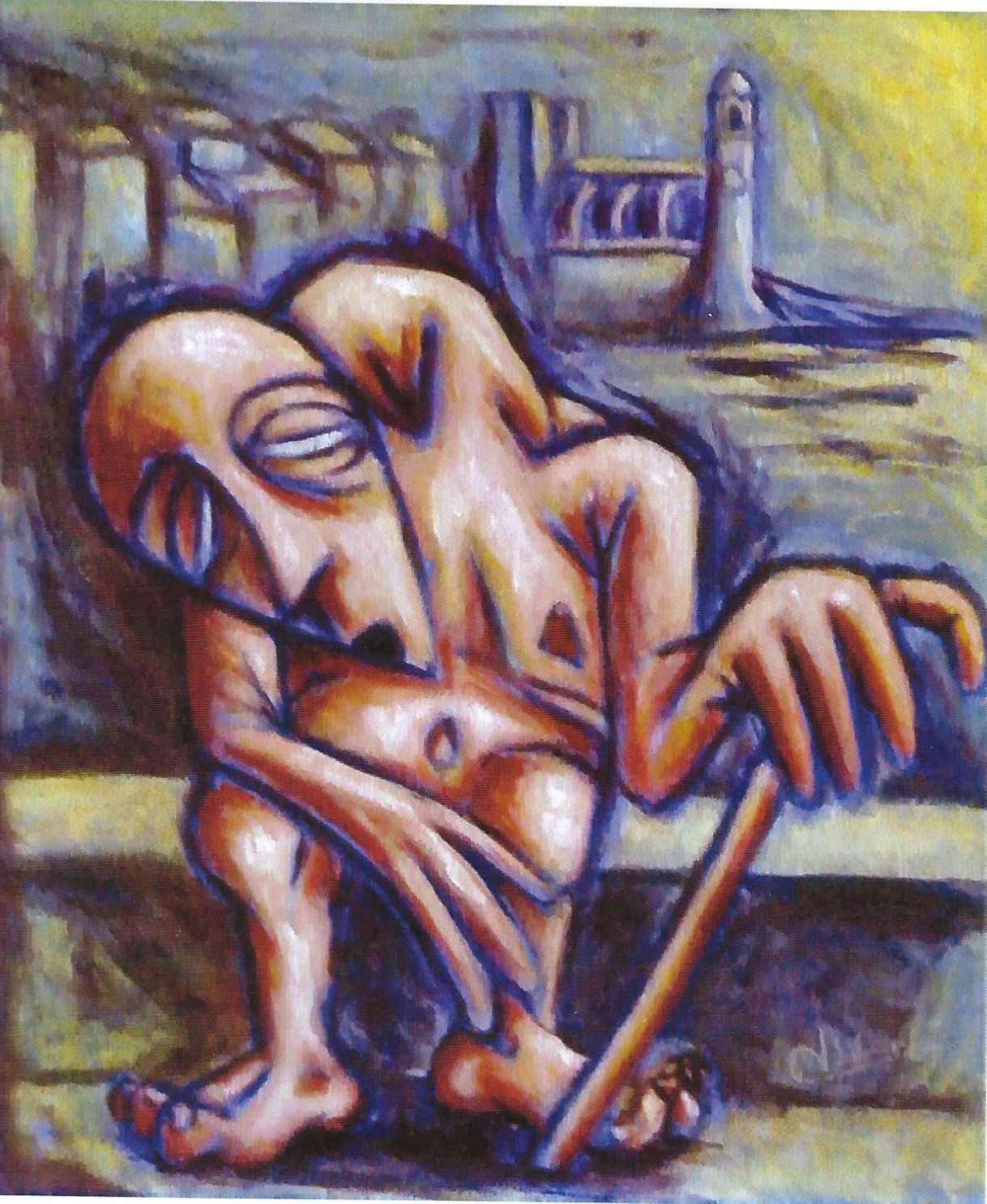 alt="un vieil homme nu assis sur un muret à collioure de bruno VALVERDE artiste peintre"