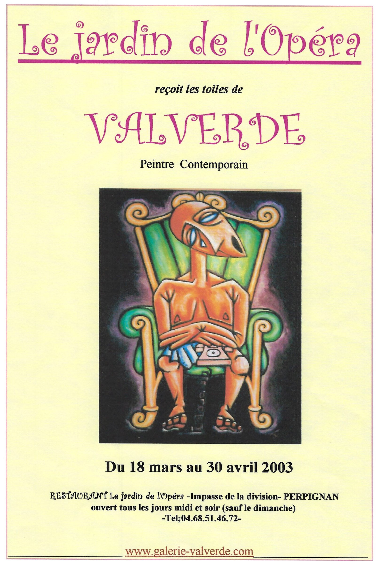 alt="personnage triste assis sur un fauteuil affiche exposition perpignan 2003 de bruno VALVERDE artiste peintre"