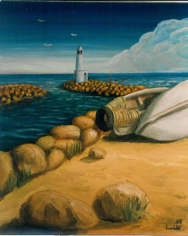 alt="deux barques dont une retournée, on y voit un port, un phare de bruno VALVERDE artiste peintre"