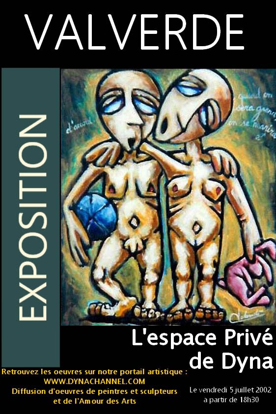 alt="deux enfants nus la fille tient une peluche rose le garçon un ballon bleu affiche exposition Perpignan,2002 de bruno VALVERDE artiste peintre"