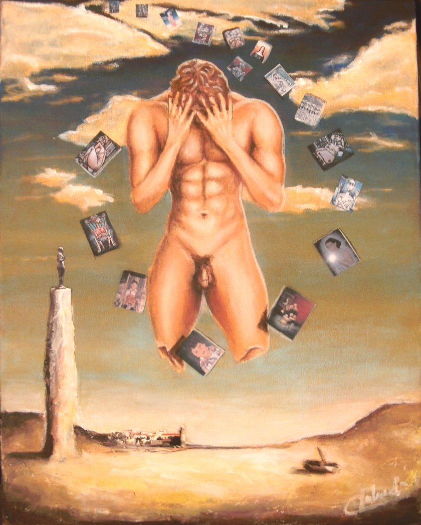 alt="homme nu qui flotte dans les airs de bruno VALVERDE artiste peintre"