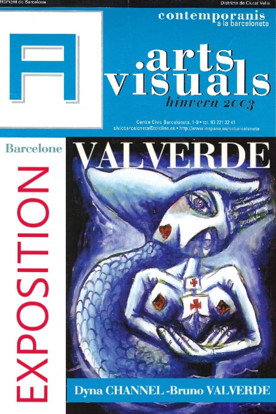 alt="une sirène avec une couronne sur la tête tenant un bateau affiche exposition Barcelone 2003 de bruno VALVERDE artiste peintre"