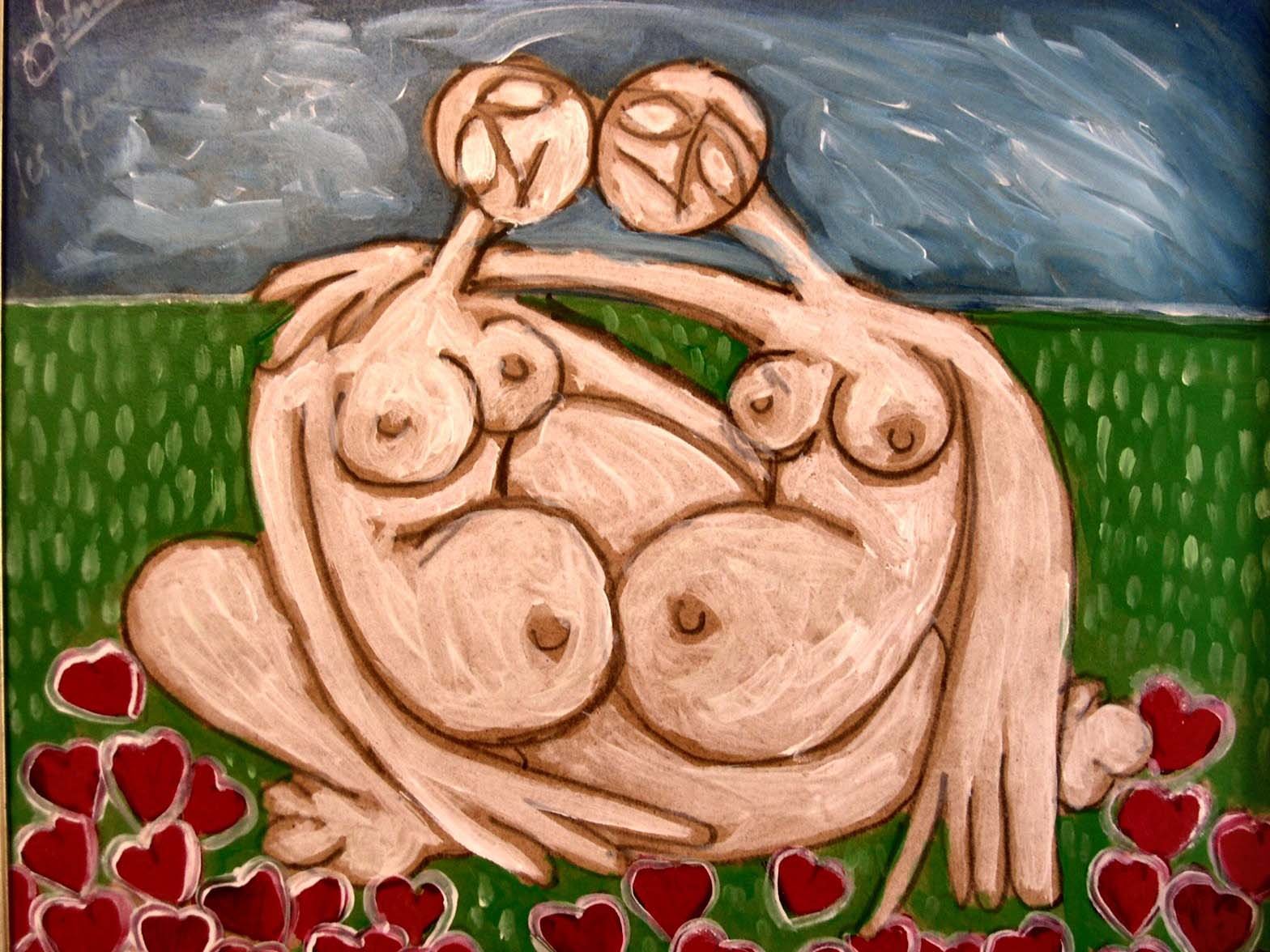 alt="deux amoureuses assises dans l’herbe des fleurs en forme de cœur à leurs pieds de bruno VALVERDE artiste peintre"