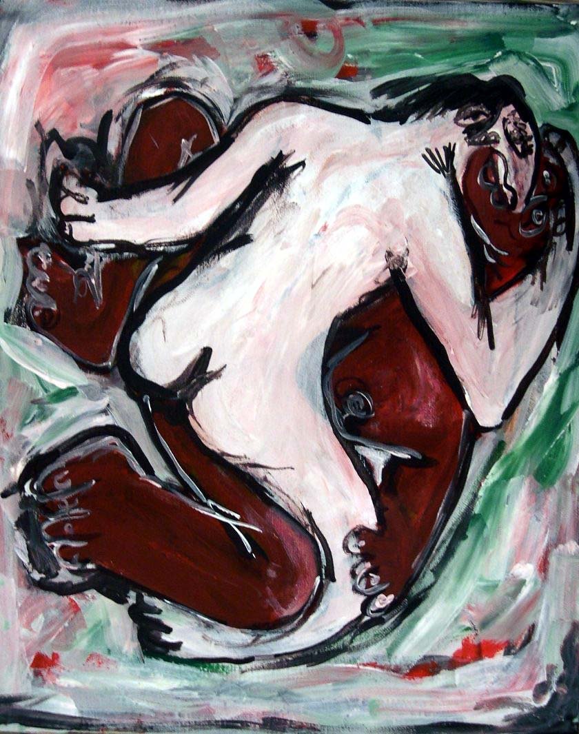 alt="deux personnages nu entrelacés de bruno VALVERDE artiste peintre"