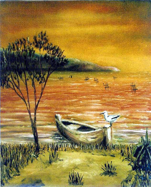 alt="une barque sur un étang, une mouette y est posée dessus,  les couleurs sont automnales de bruno VALVERDE artiste peintre"