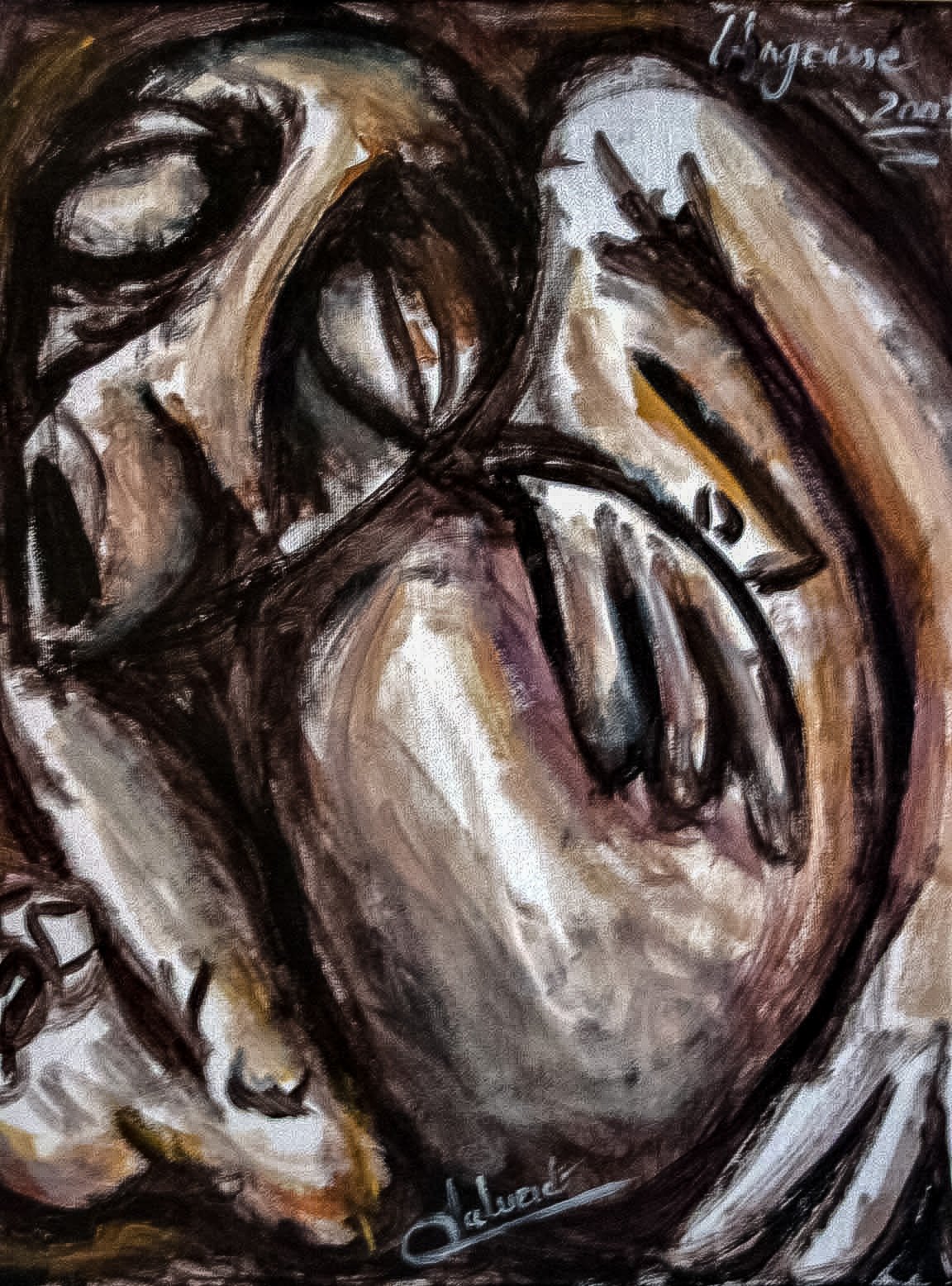 alt="un personnage sombre et torturé de bruno VALVERDE artiste peintre"