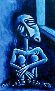 alt="un personnage accroupi bleu sur fond bleu qui fume  de bruno VALVERDE artiste peintre"