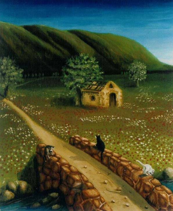 alt="un pont avec des chats, un petite maison dépourvue de toit  construite dans un pré de bruno VALVERDE artiste peintre"