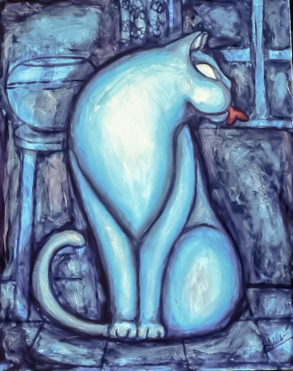 alt="grand chat bleu sur fond bleu de bruno VALVERDE artiste peintre"