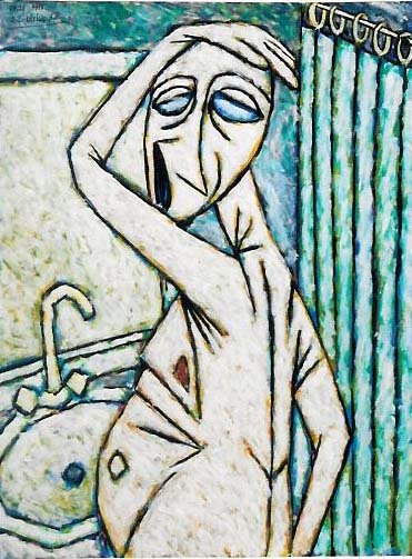 alt="un personnage nu dans sa salle de bain  de bruno VALVERDE artiste peintre"