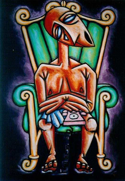 alt="un personnage nu et triste un téléphone à la main il est assis sur un grand fauteuil de bruno VALVERDE artiste peintre"