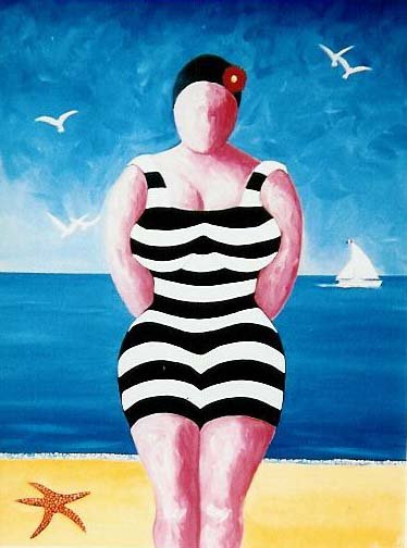 alt="une dame en maillot de bain rayé sur la plage personnage années 30 de bruno VALVERDE artiste peintre"