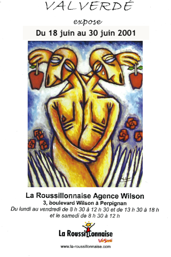 alt="deux Adam amoureux s'offrant une pomme affiche exposition PERPIGNAN 2001de bruno VALVERDE artiste peintre"