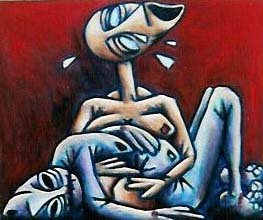 alt="la vierge marie qui tient dans ses bras son fils jésus descendu de la croix de bruno VALVERDE artiste peintre"