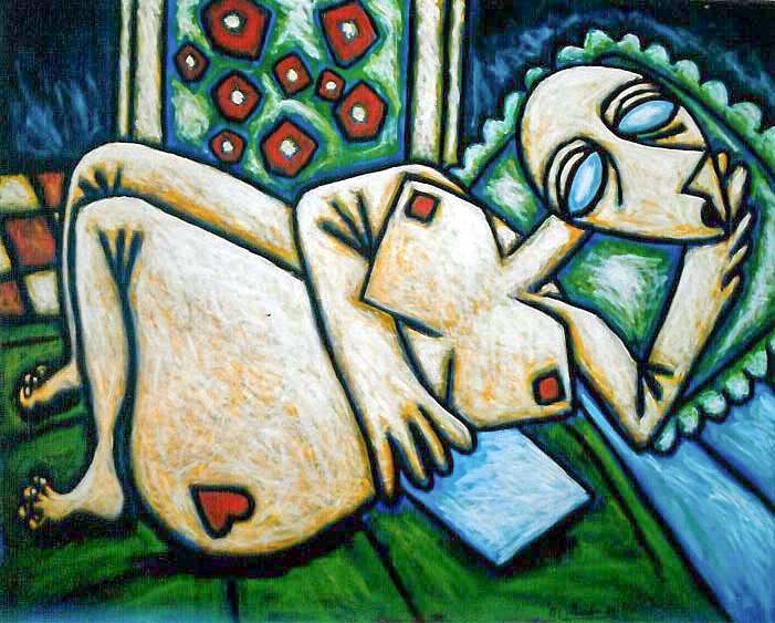 alt="un personnage allongé sur son lit de bruno VALVERDE artiste peintre"