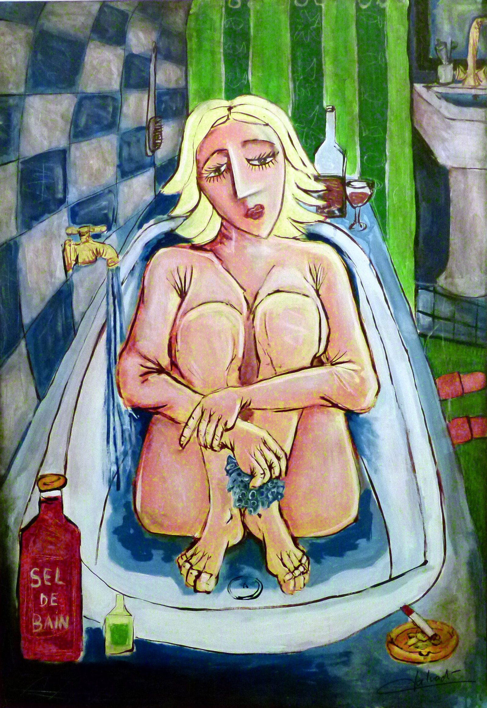 alt="une femme nue dans son bain fumant une cigarette  de bruno VALVERDE artiste peintre"