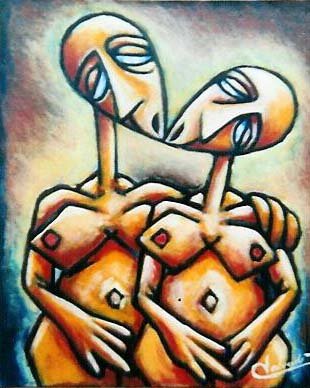 alt="deux filles qui s'embrassent de bruno VALVERDE artiste peintre"