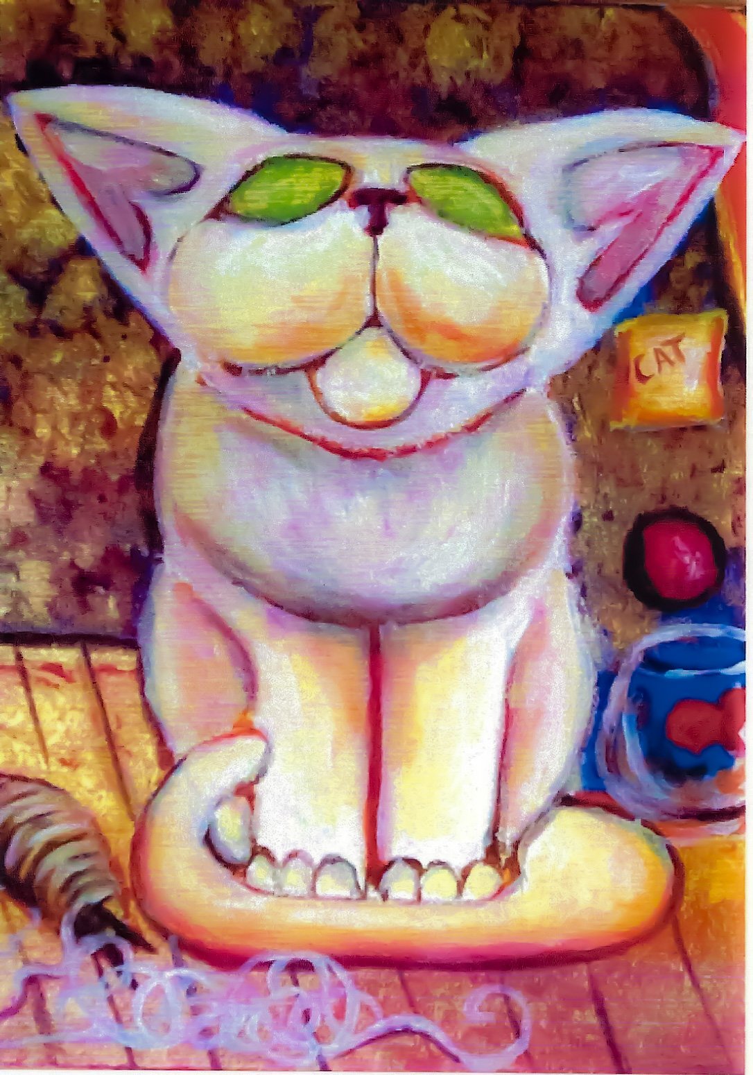 alt="un chat assis devant sa pelote de laine de bruno VALVERDE artiste peintre"