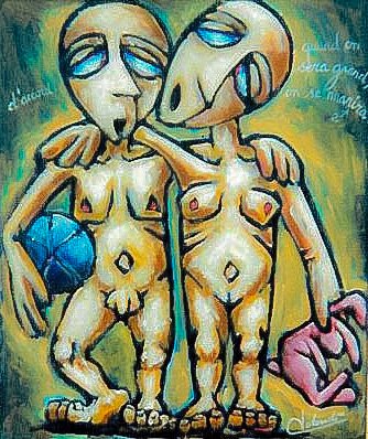 alt="deux enfants nus qui se donnent la main le garçon tient un ballon bleu et la fille une peluche rose de bruno VALVERDE artiste peintre"