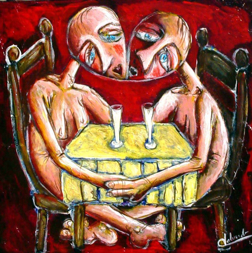 alt="deux amoureux discrets assis au restaurant se donnant la main sous la table de bruno VALVERDE artiste peintre"