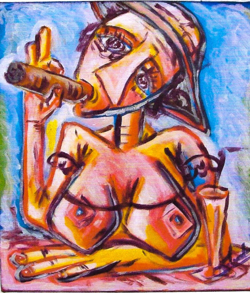 alt="UNE DAME AVEC UN CHAPEAU  ET UNE ROBE TRANSPARENTE QUI FUME LE CIGARE ET BOIT UN VERRE de bruno VALVERDE artiste peintre"