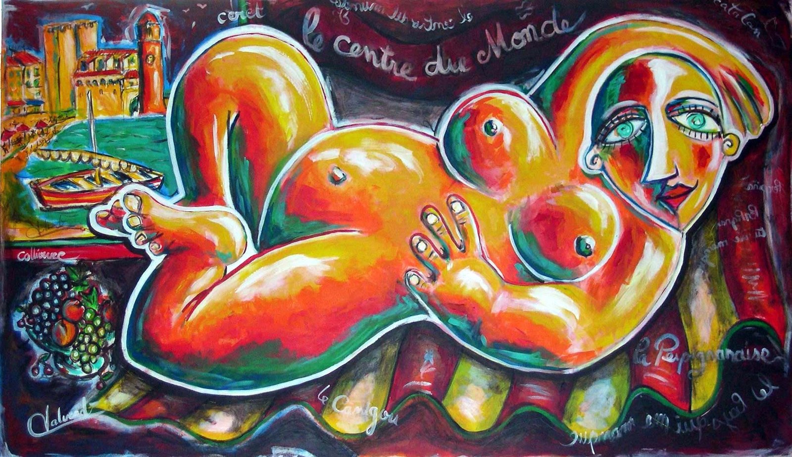 alt="une femme nue allongée sur une grande étoffe rouge et jaune aux couleurs catalanes de bruno VALVERDE artiste peintre"