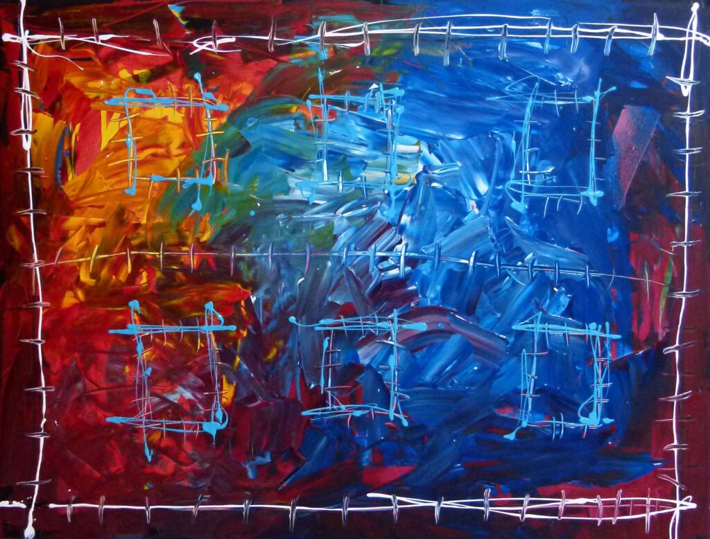 Toile abstraite colorée, griffures, carré sur fond de couleur. Acrylique sur toile 116cm x 89 cm. ŒUVRE sollicitée par Mr Abraham LUBELSKI rédacteur en chef du NEW YORK ARTS MAGAZINE en 2011 pour une Exposition sur NEW YORK EN 2011. Réalisée par Bruno Valverde 2011