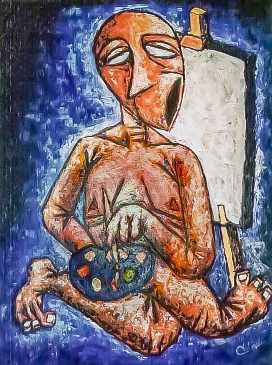 Toile qui représente un peintre nu en pleine création tableau qui appartient au Conseil Général de Perpignan Acrylique sur toile 116cm x 89 cm réalisée par Bruno VALVERDE EN 2002